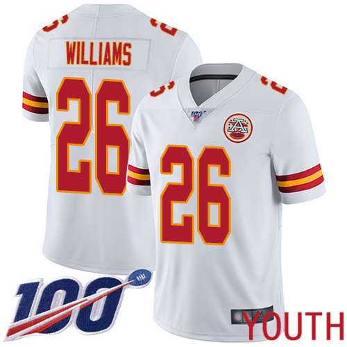Youth Kansas City Chiefs #26 Williams Damien White Vapor Untouchable Limited Player 100th Season Football Nike NFL Jersey->youth nfl jersey->Youth Jersey